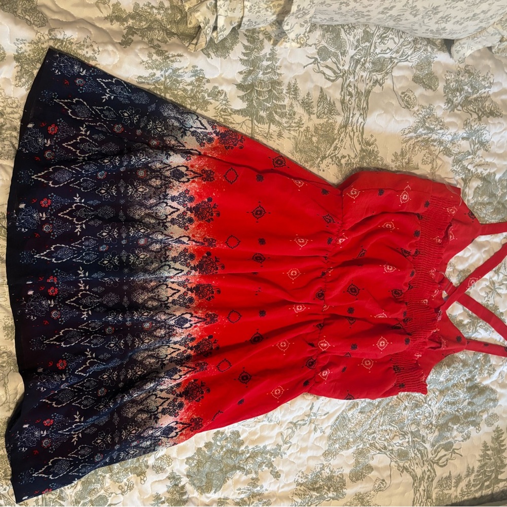 NWT Rewind sz M Red Patterned Dress sundress minidress cross-cross straps - Picture 3 of 15